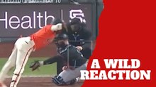 Giants slugger has a wild reaction after almost getting hit by a fast pitch