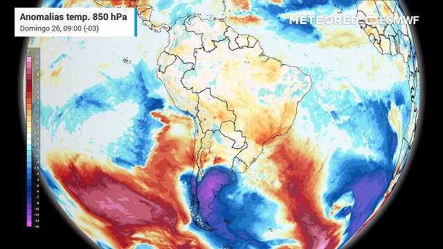Domingo, 26 de abril: anomalia de temperatura em 850 hPa (massas de ar)