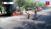 चलती कार बनी आग का गोला, छह लोगों ने कूदकर बचाई जान