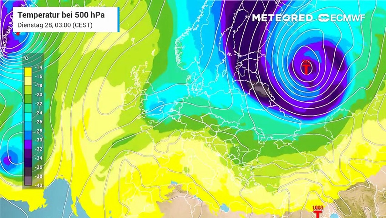 Die dargestellte Großwetterlage zeigt ein stabiles Hochdrucksystem über Mitteleuropa, das mit trockener Kontinentalluft für ruhiges, sonniges und niederschlagsfreies Wetter sorgt.