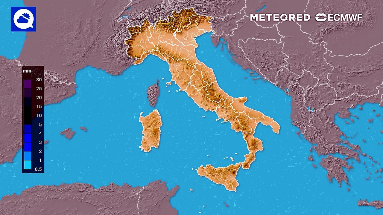 Mappa relativa agli accumuli di pioggia previsti nei prossimi giorni
