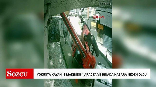 Güngören'de yokuşta kayan iş makinesi 4 araçta ve binada hasara neden oldu; kaza kamerada