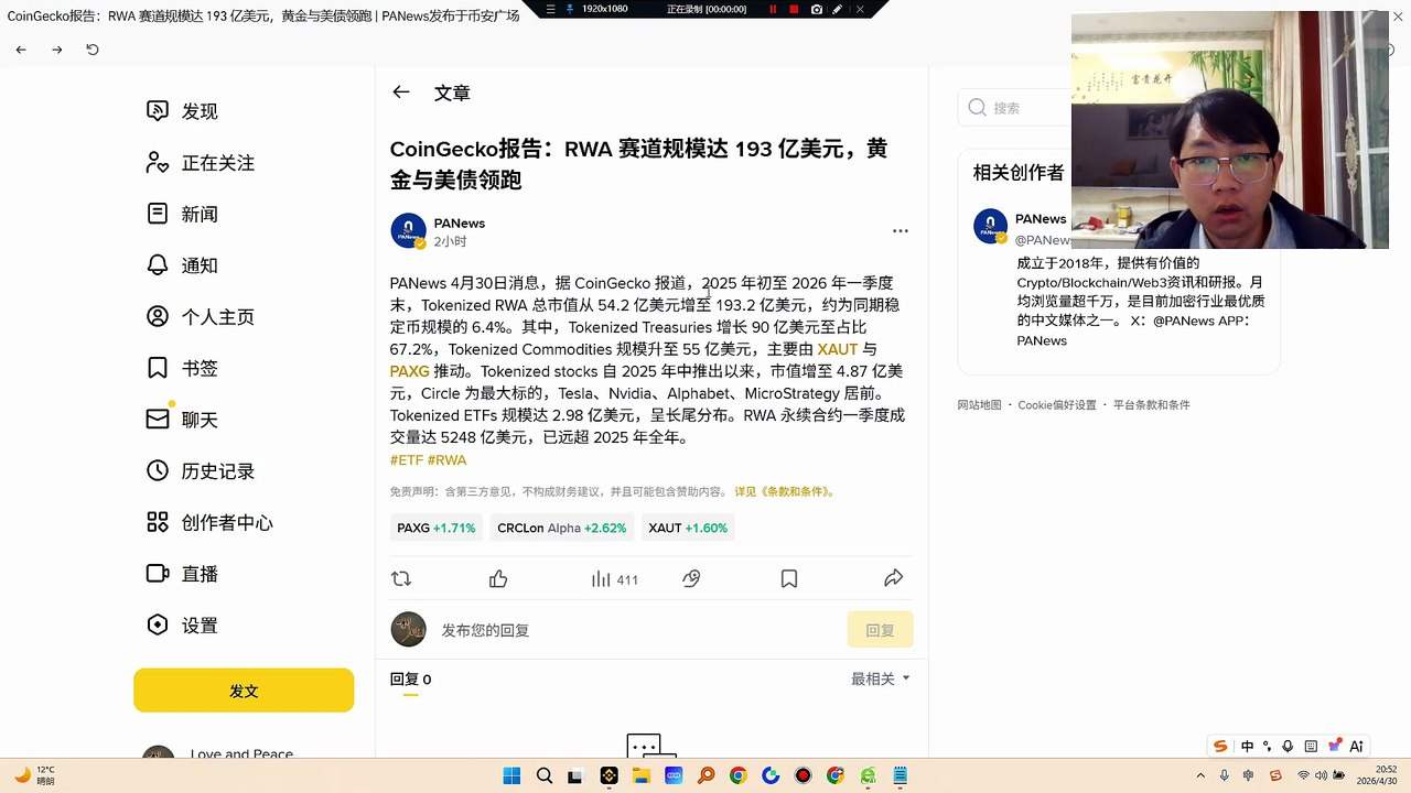 2025 年初至 2026 年一季度末，Tokenized RWA 总市值从 54.2 亿美元增至 193.2 亿美元，约为同期稳定币规模的 6.4%。其中，Tokenized Treasuries 增长 90 亿美元至占比 67.2%，Tokenized Commodities 规模升至 55 亿美元，主要由 XAUT 与 PAXG 推动。Tokenized stocks 自 2025 年中推出以来，市值增至 4.87 亿美元
