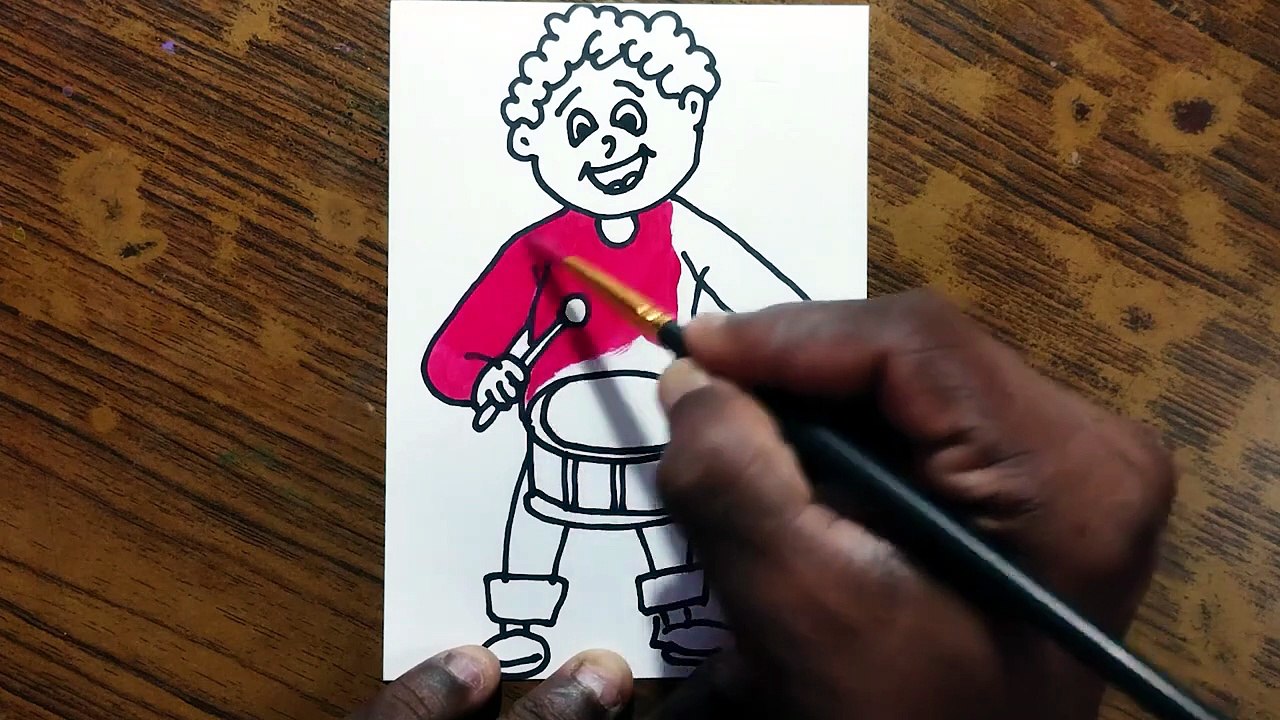 How to Draw  Playing Drum Boy For Kids _ Coloring page and Toddlers