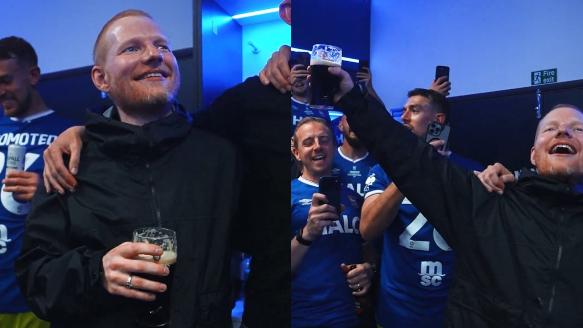 Ed Sheeran baja al vestuario del Ipswich Town tras lograr el ascenso a la Premier y se desata la locura