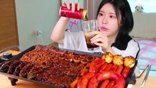 ASMR MUKBANG Fire Black Bean Mushrooms, Black Bean Noodles, Kielbasa Sausage, Fried Dumplings