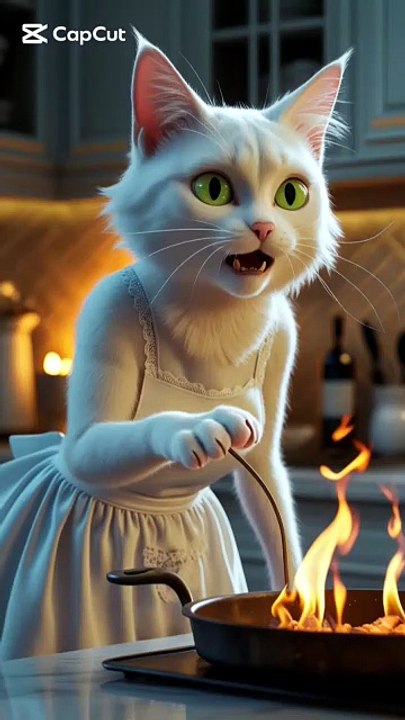 Panic in the Kitchen 😻🔥  Elegant Cat’s Shocking Firelight Moment