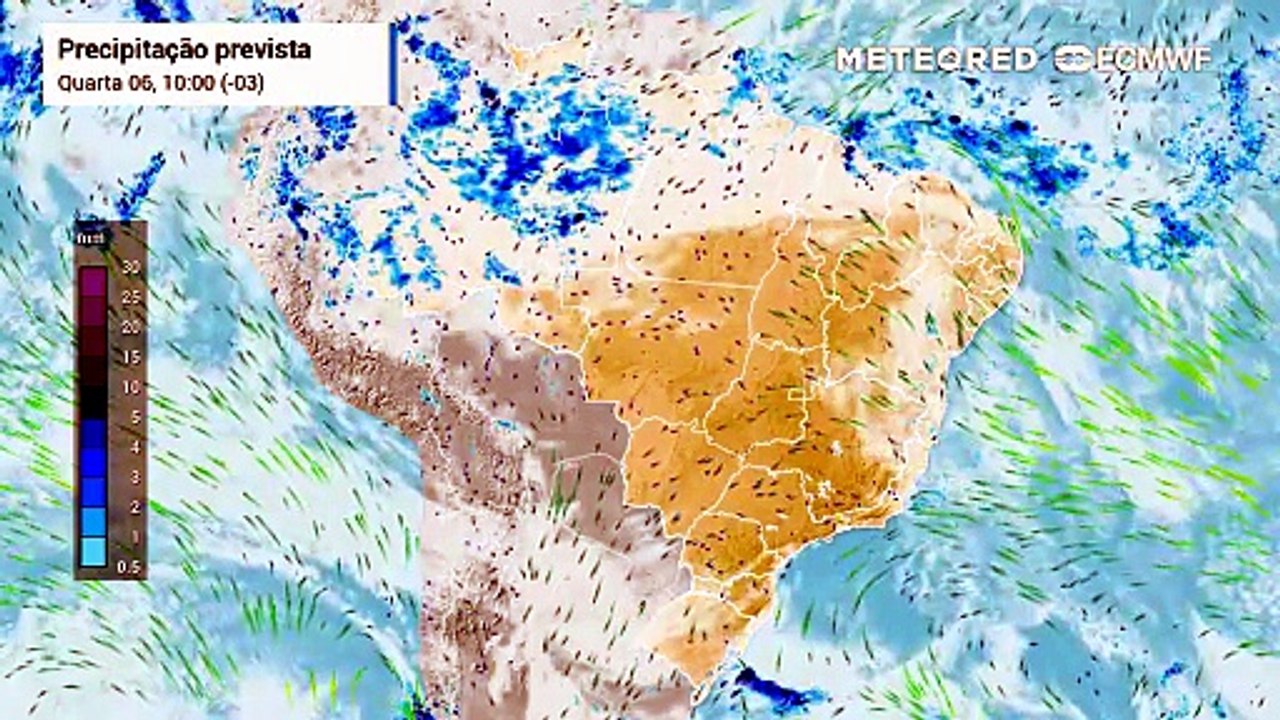 Quarta-feira, 6 de maio: Precipitação, nebulosidade e vento