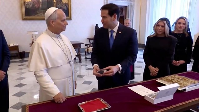 Marco Rubio gifts Pope Leo small crystal football during Vatican meeting