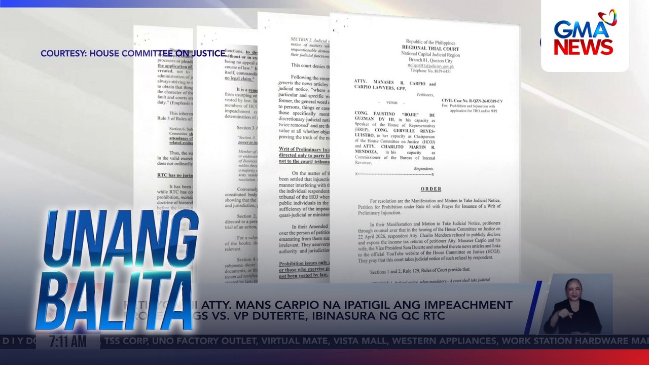 Petisyon ni Atty. Mans Carpio na ipatigil ang impeachment proceedings vs. VPSD, ibinasura ng QC RTC | Unang Balita