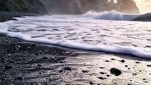 Midnight Shoreline: Waves Washing Over Black Sands