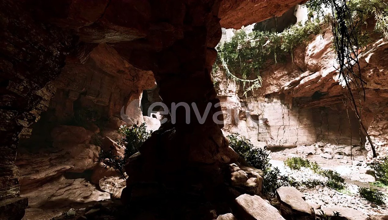 View From Inside a Dark Cave with Green Plants and Light on the Exit