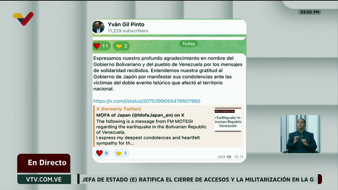 Canciller Yván Gil agradece a Japón por sus condolencias en nombre de Venezuela