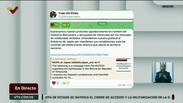 Canciller Yván Gil agradece a Japón por sus condolencias en nombre de Venezuela