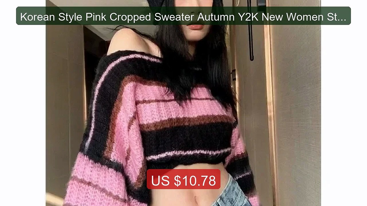 Korean Style Pink Cropped Sweater Autumn Y2K New Women Striped... -- Hot Deal 2026 | Limited Offer!