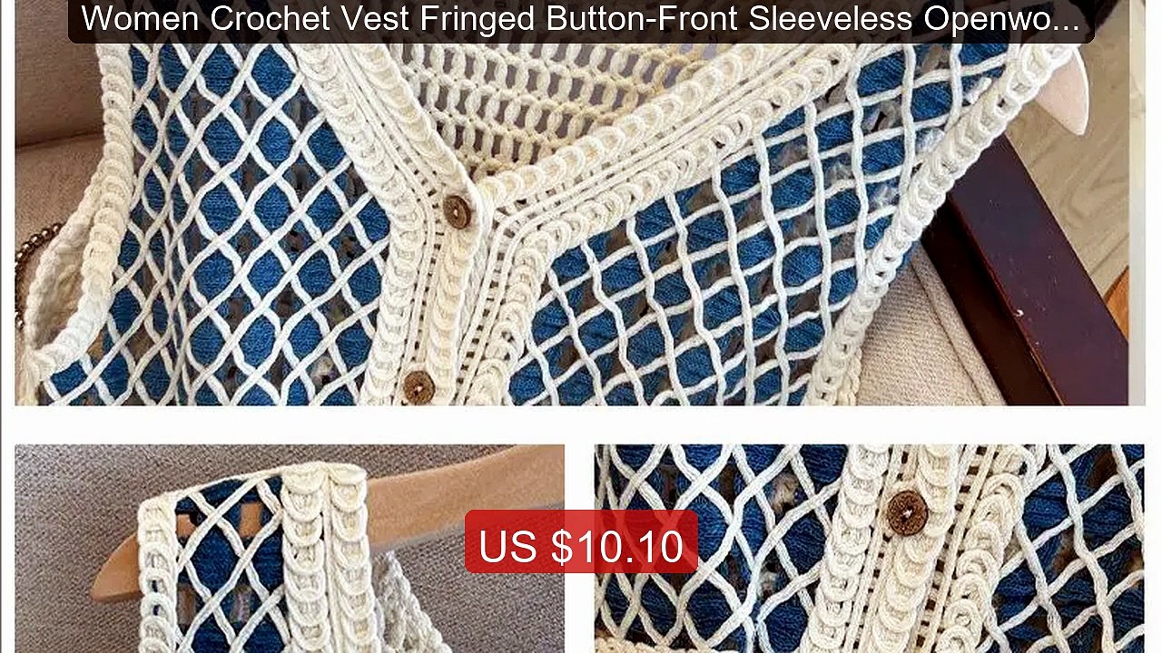 Women Crochet Vest Fringed Button-Front Sleeveless Openwork... -- Top Pick 2026 | Unbeatable Price!