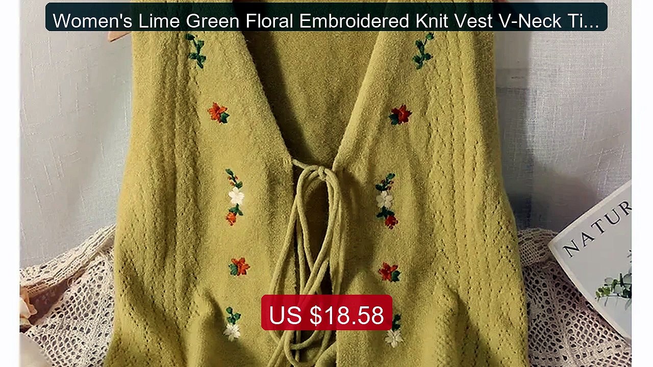 Women's Lime Green Floral Embroidered Knit Vest V-Neck Tie ... -- Top Pick 2026 | Unbeatable Price!