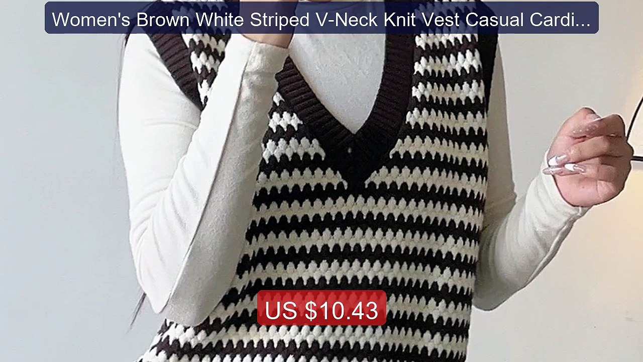Women's Brown White Striped V-Neck Knit Vest Casual Cardigan ... -- Amazing Value 2026 | Must Have!
