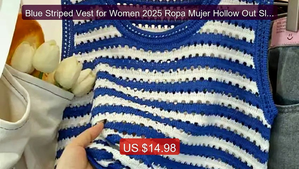 Blue Striped Vest for Women 2025 Ropa Mujer Hollow Out Sleevel... -- Hot Deal 2026 | Limited Offer!