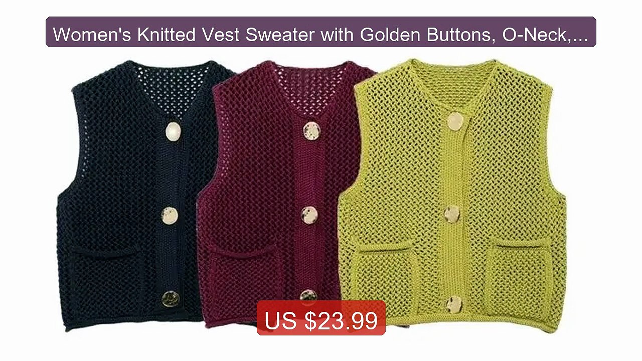 Women's Knitted Vest Sweater with Golden Buttons, O-Neck, Slee... -- Hot Deal 2026 | Limited Offer!