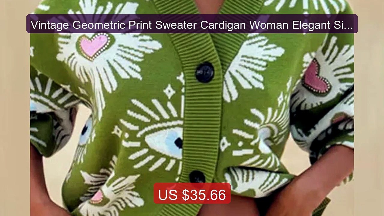 Vintage Geometric Print Sweater Cardigan Woman Elegant Single ... -- Best Buy 2026 | Great Quality!