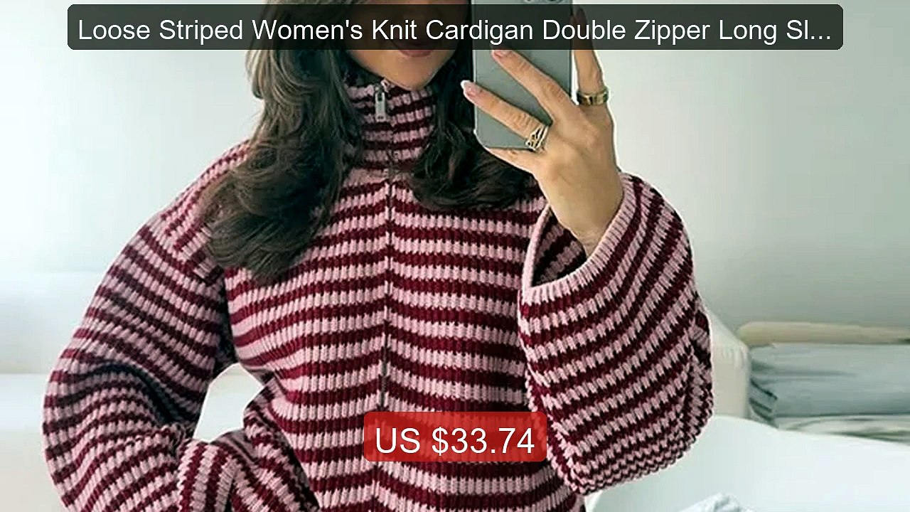 Loose Striped Women's Knit Cardigan Double Zipper Long Sleeve... -- Amazing Value 2026 | Must Have!