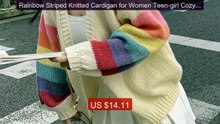 Rainbow Striped Knitted Cardigan for Women Teen-girl Cozy Soft... -- Hot Deal 2026 | Limited Offer!
