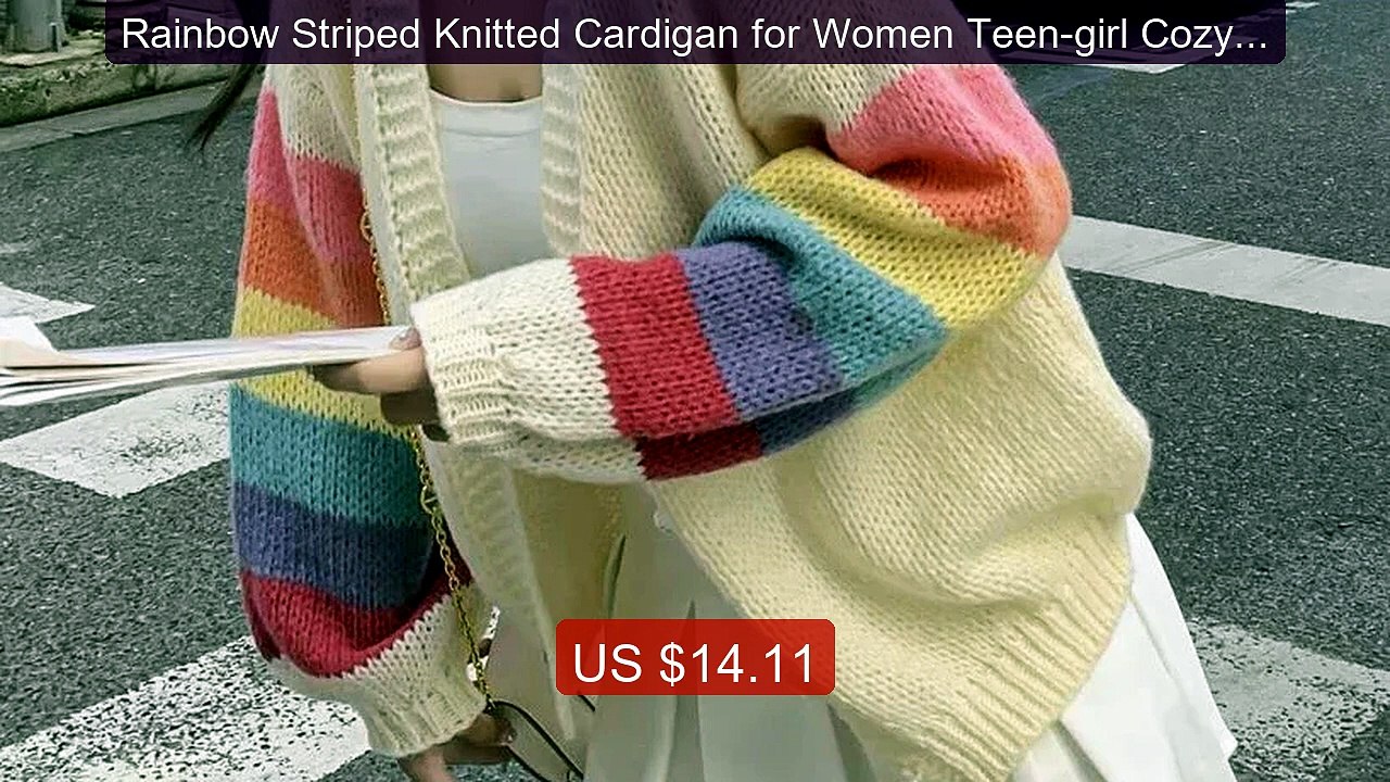 Rainbow Striped Knitted Cardigan for Women Teen-girl Cozy Soft... -- Hot Deal 2026 | Limited Offer!