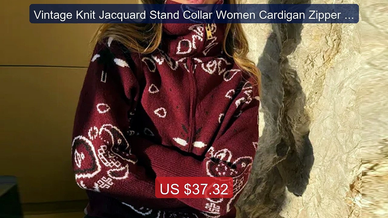 Vintage Knit Jacquard Stand Collar Women Cardigan Zipper Full Sleev... -- Top Rated 2026 | Buy Now!