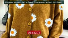 Women's Mustard Yellow Daisy Embroidered V-Neck Knit Cardigan Casua... -- Top Rated 2026 | Buy Now!