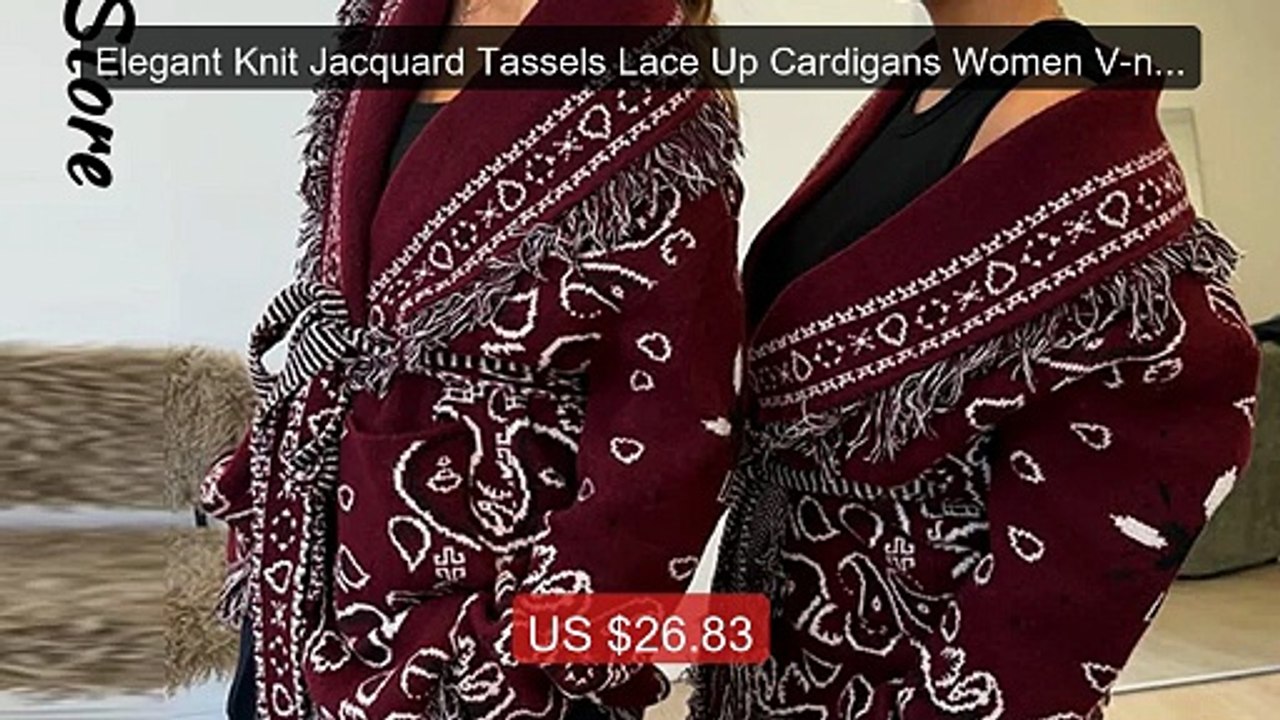 Elegant Knit Jacquard Tassels Lace Up Cardigans Women V-neck ... -- Amazing Value 2026 | Must Have!
