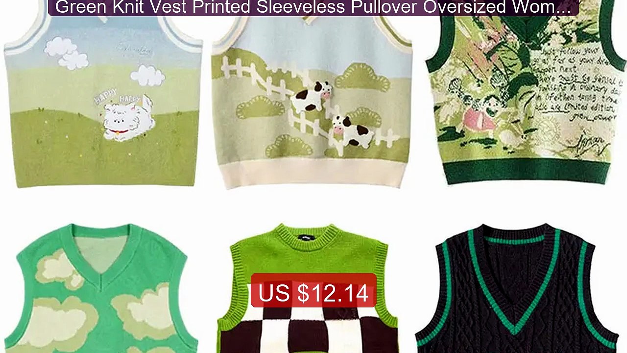 Green Knit Vest Printed Sleeveless Pullover Oversized Women Sw... -- Hot Deal 2026 | Limited Offer!