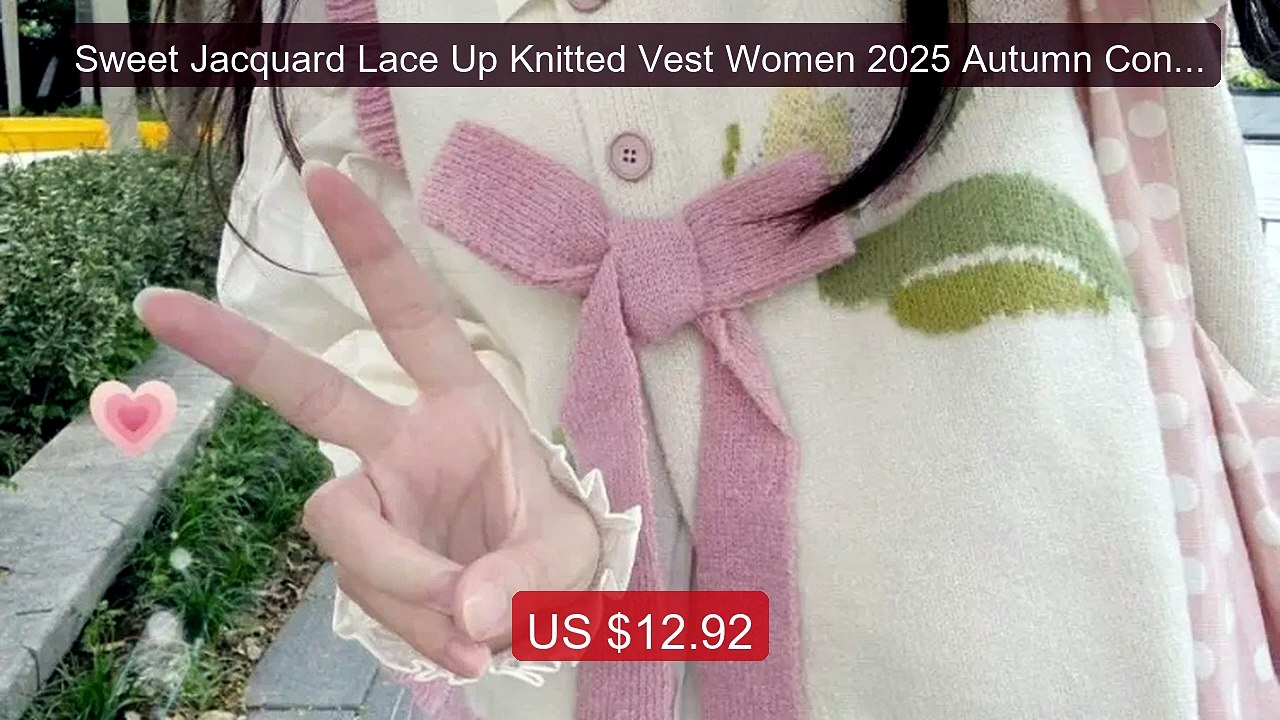 Sweet Jacquard Lace Up Knitted Vest Women 2025 Autumn Contr... -- Top Pick 2026 | Unbeatable Price!