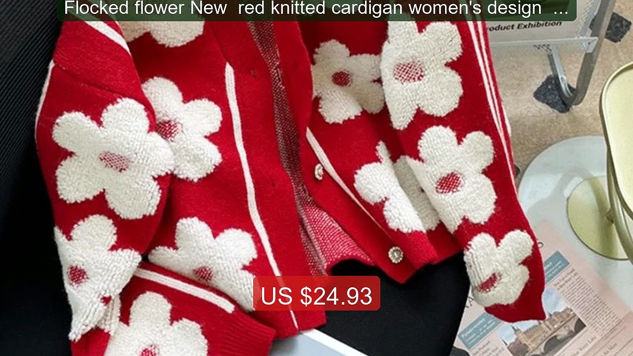 Flocked flower New  red knitted cardigan women's design  new h... -- Hot Deal 2026 | Limited Offer!