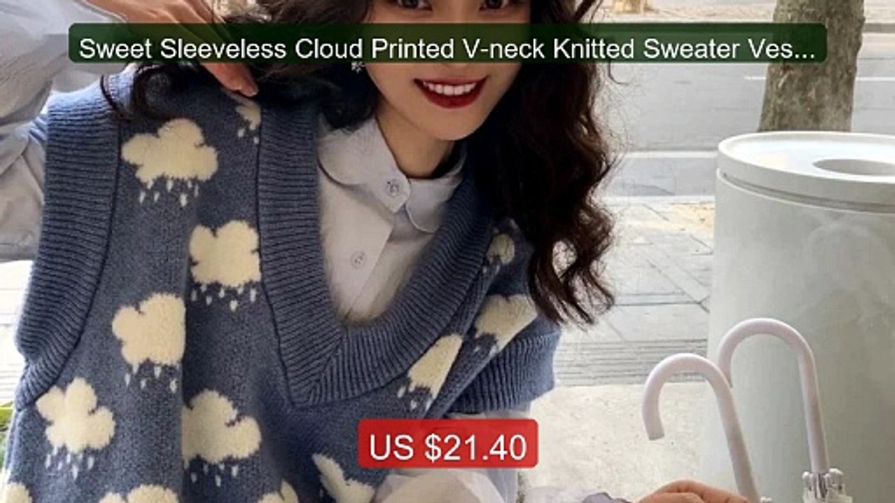 Sweet Sleeveless Cloud Printed V-neck Knitted Sweater Vest Autumn P... -- Top Rated 2026 | Buy Now!