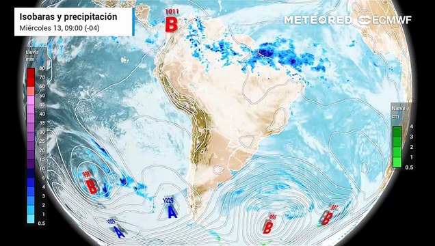 Pronóstico de Isobaras y precipitación: miércoles 13 de mayo