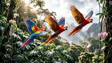 jungle sky. Bright Macaw Rainforest Flight Burst