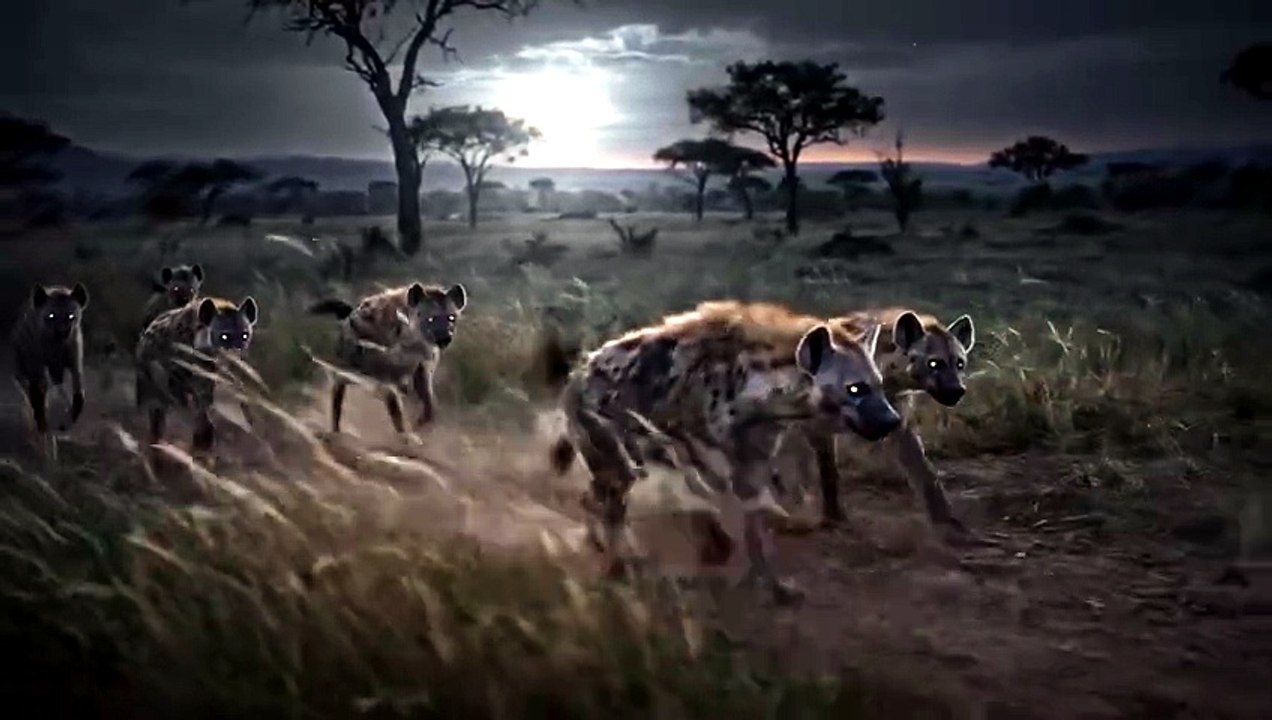 Hyena Pack Hunting Under Moonlight