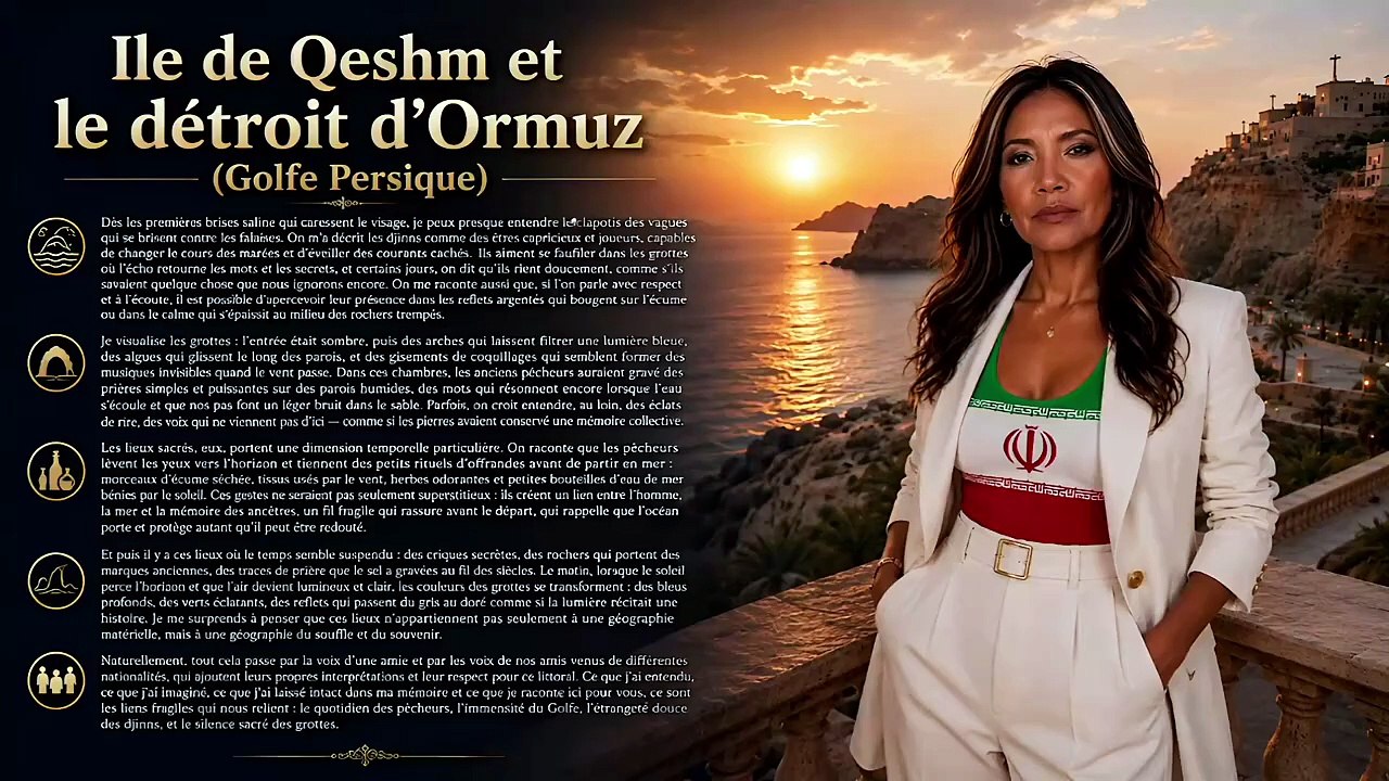 Île de Qeshm et le détroit d’Ormuz (musique générée par IA texte voix-off Neary)