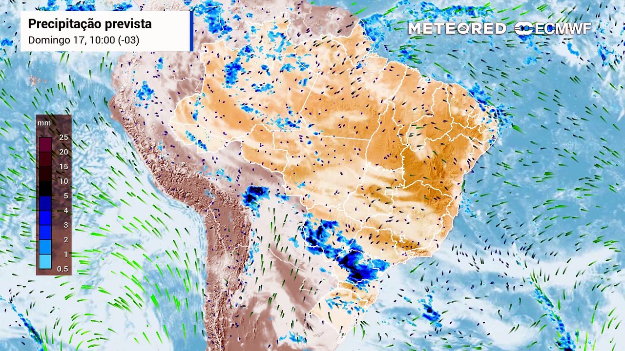Domingo, 17 de maio: chuva, nebulosidade e direção do vento