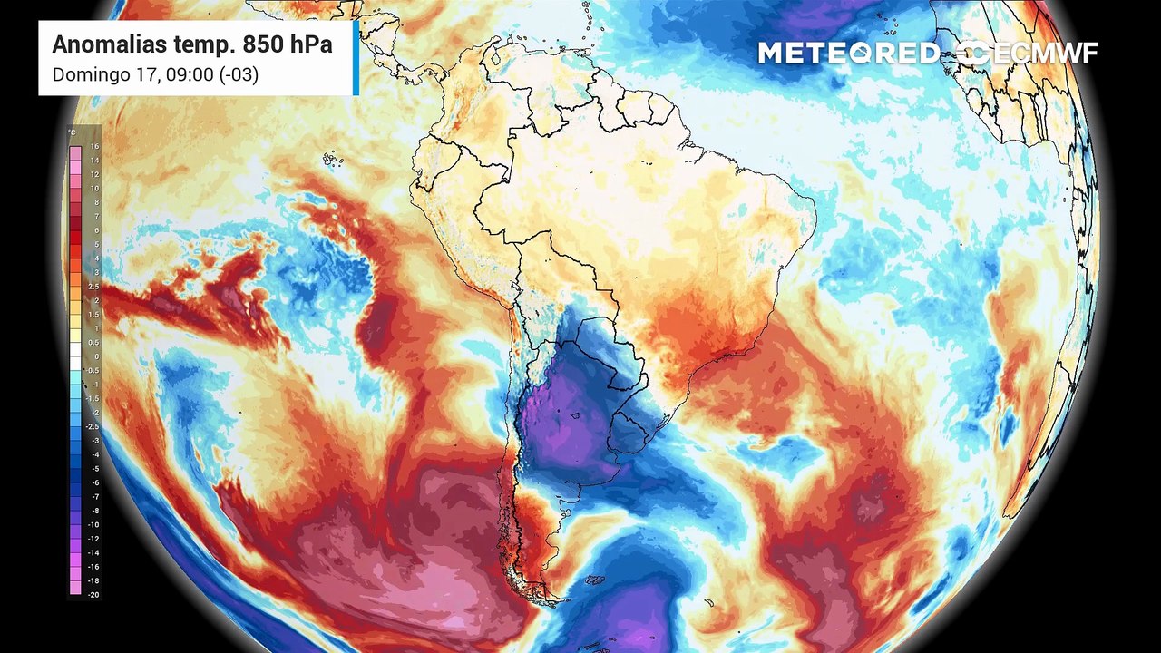 Domingo, 17 de maio: anomalia de temperatura em 850 hPa (massas de ar)
