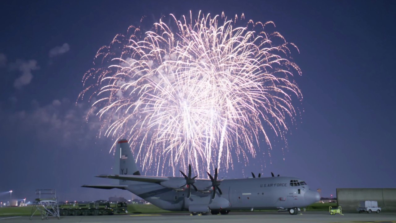 C-130J Super Hercules at Night with Explosive Fireworks! Yokota Friendship Festival