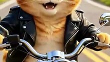 Funny orange cat is driving a motorbike with its kitten