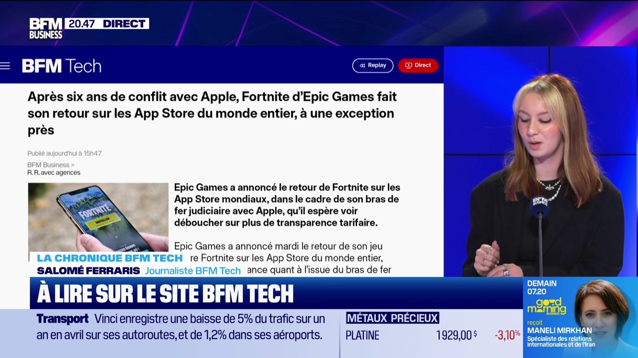 À lire sur le site Tech&Co : Après six ans de conflit avec Apple, Fortnite d’Epic Games fait son retour sur les App Store du monde entier, à une exception près, par Salomé Ferraris - 19/05