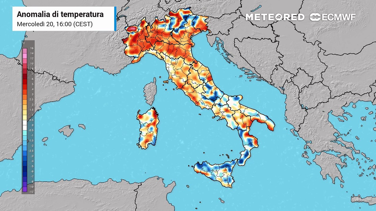 Mappa relativa alle anomalie di temperatura previste nei prossimi giorni e nel weekend in Italia