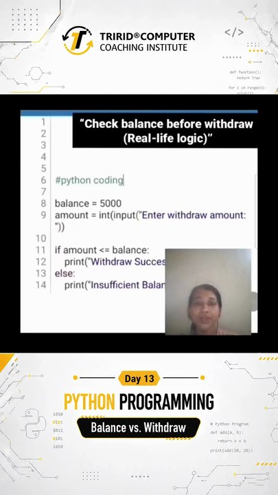 Day 13 Python Programming at TCCI - Balance vs Withdrawal