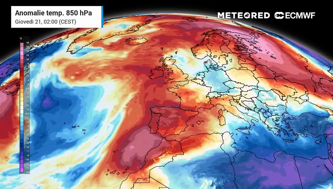 Mappa relativa alle anomalie di temperatura previste nei prossimi giorni