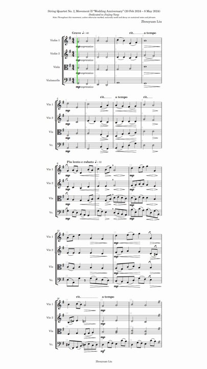 String Quartet No. 2, Movement II Wedding Anniversary (20 Feb 2024 – 8 May 2024) (Full Score, Portrait)