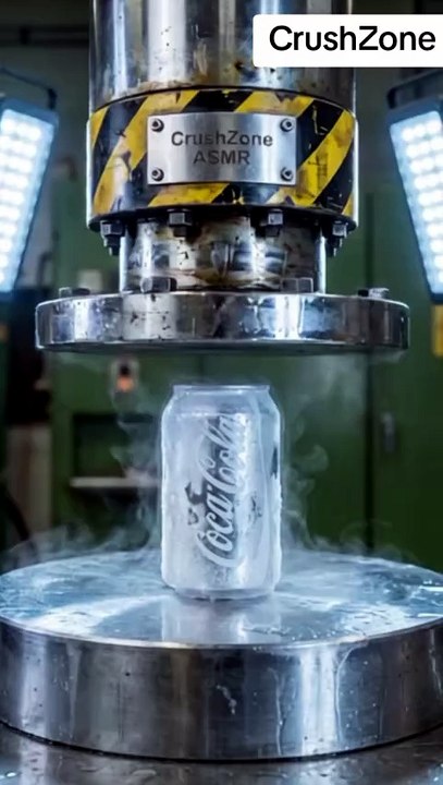 Hydraulic Press Crushing Frozen Cola Can