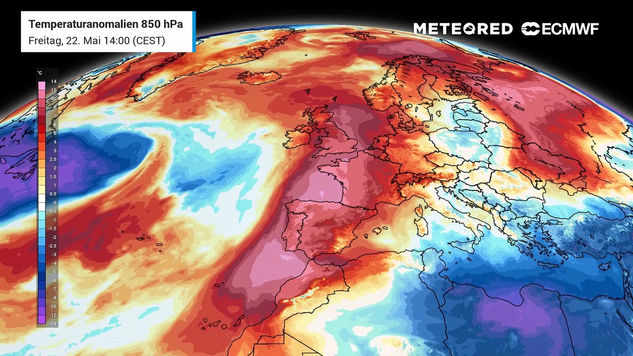 Mehr rot geht auf der Wetterkarte kaum noch: Es ist für die Jahreszeit deutlich zu warm!